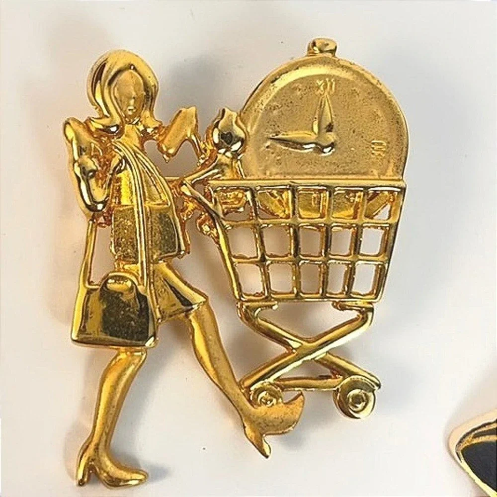 Vintage Kitch Brooch Pin Lot Born To Shop Teddy Bear Lady 90s Weird